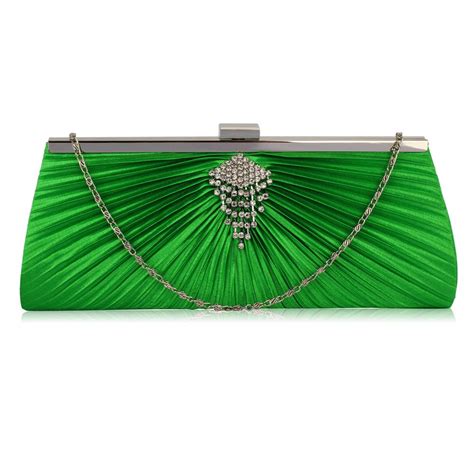 Wholesale Green Satin Clutch Bag With Crystal Decoration