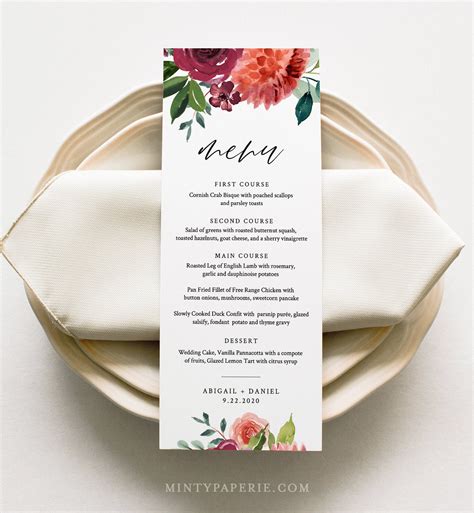 Wedding Menu Card Template Dinner Menu Summer Orange Floral Menu Card