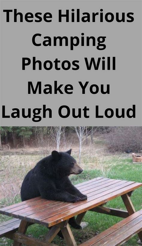 A Black Bear Sitting On Top Of A Picnic Table With The Words These
