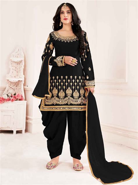 Black Colour Silk Fabric Party Wear Patiala Salwar Suit