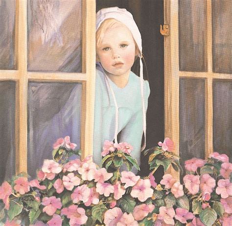 Amish Girl Looking Out Window Impatients Oil Painting Vintage Nancy
