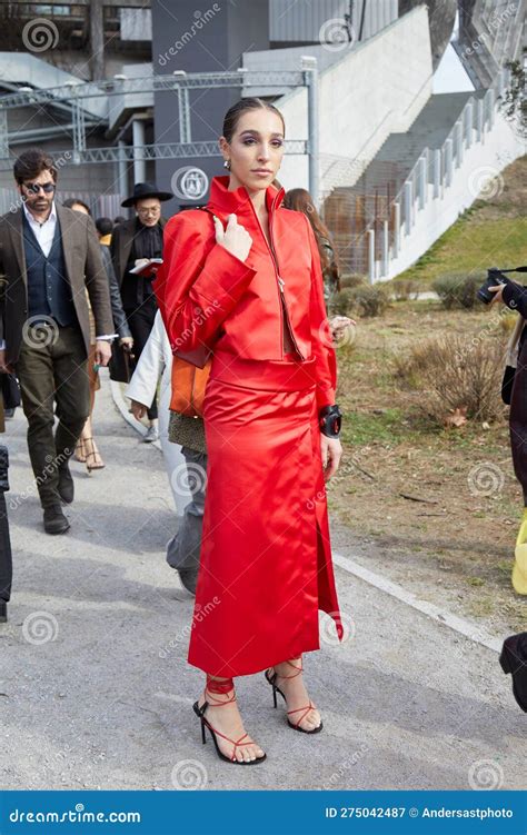 Milan Italy February 25 2023 Ginevra Mavilla With Red Jacket And