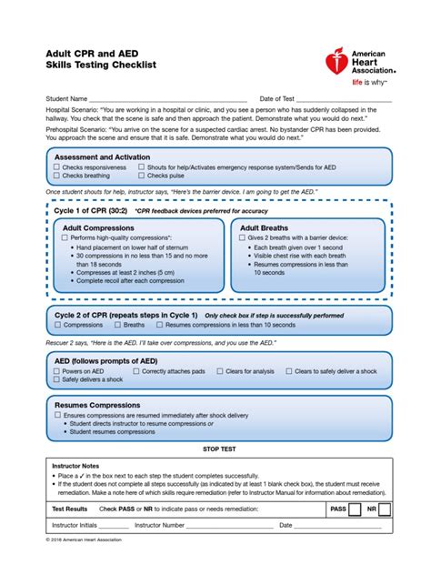 Bls Adult Skills Checklist 2016 Cardiopulmonary Resuscitation