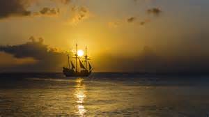 Gold Sunset Ocean Old Pirate Ship With Sail Sky 4k Ultra Hd Wallpaper