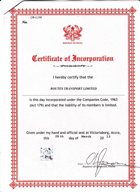 Certificate Of Incorporation Routes Transport