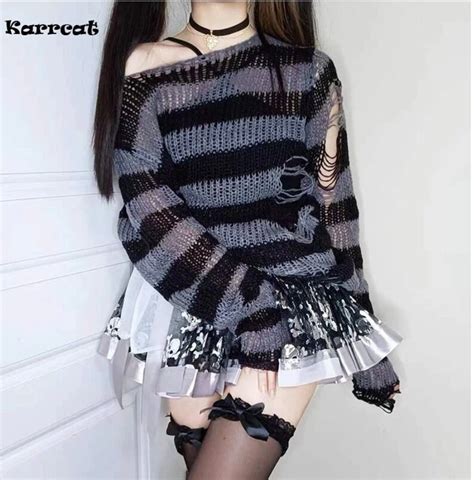 Gothic Goth Alt Emo Edgy Sweater Women Knitted Grunge Striped Etsy