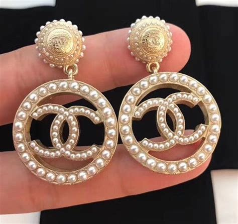 CHANEL Chanel CC Gold Stud Seed Pearl Hoop Dangle Earrings Gold CC Stud