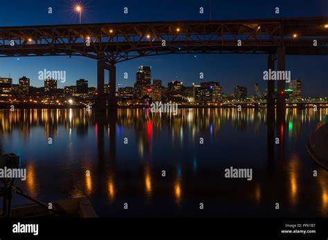 Night Cityscape Of Portland Oregon Showing The Marquam Bridge And