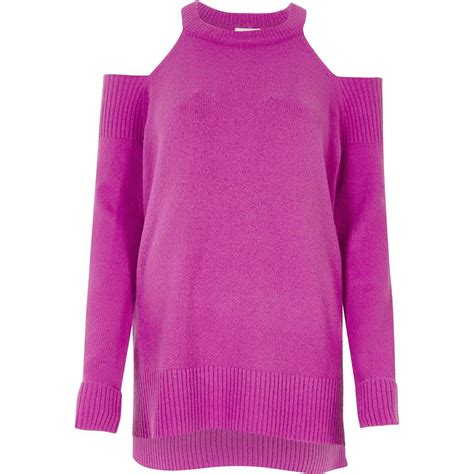 River Island Synthetic Purple Knit Cold Shoulder Jumper Lyst