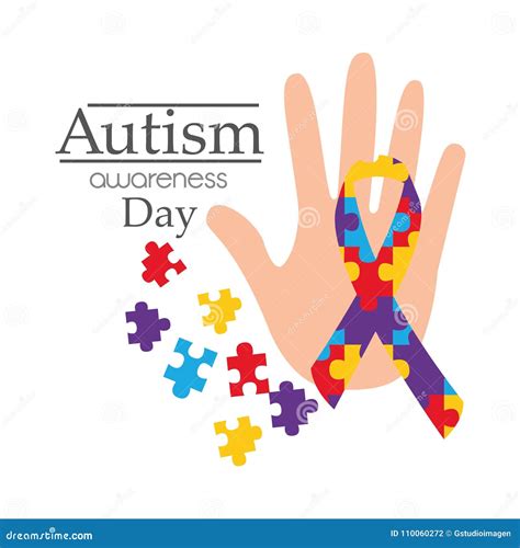 Autism Awareness Day Card With Hand Puzzle Shape Ribbon Stock Vector