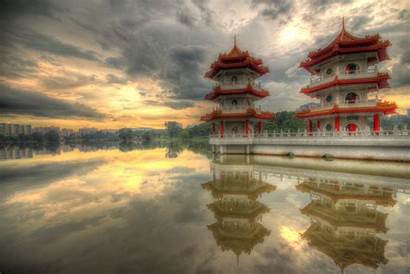 Peaceful Water Reflection Clouds Singapore Pagoda Feelings