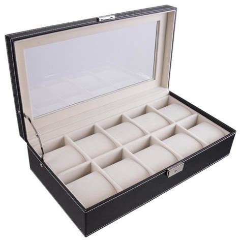 Extra Large 10 Watch Pu Display Case With Leather And Glass Top