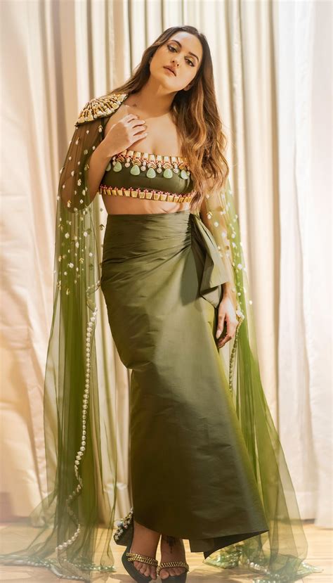 Sonakshi Sinha Military Green Embellished Skirt With Cape And Bralet Papa Dont Preach