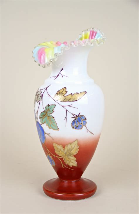 Art Nouveau Frilly Glass Vase With Enamel Paintings Austria Circa
