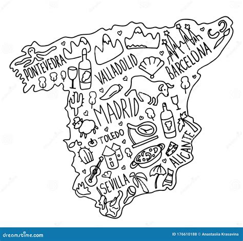 Mapa De Espa A De Doodle Dibujado A Mano Nombres De Ciudades Espa Olas Letras Y Monumentos En