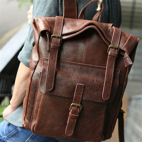 Cool Leather Mens Backpack Travel Backpacks Vintage Laptop Backpack Fo