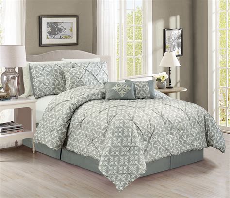 Queen size modern & contemporary comforter sets. 7 Piece Floral Quaterfoil Gray Comforter Set