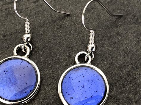 Silver Cabochon Earrings Simple Resin Medium Blue Spotted Etsy UK