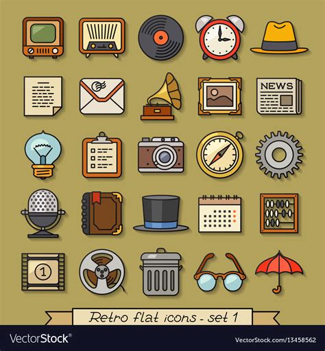 Retro Flat Line Icons Set 1 Royalty Free Vector Image