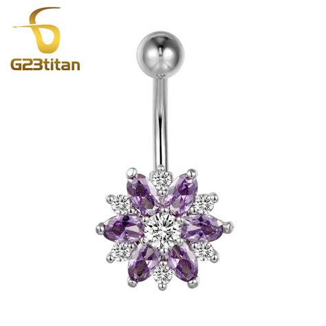 G Titan Purple Rhinestone Flower Navel Piercing Rings For Women G