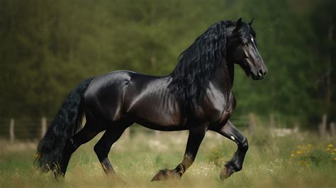 Black Horse With Long Hair Running In Grass Background Friesian Horse