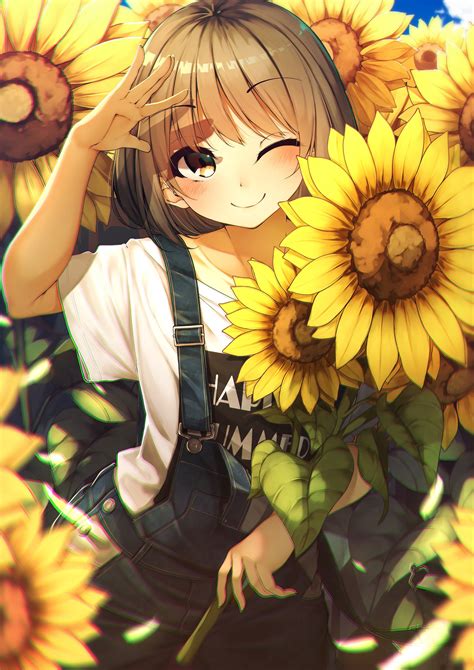 Wallpaper Anime Girls Rerrere Short Hair Brown Eyes Smiling Blushing One Eye Closed