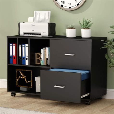 Kealive 2 drawers wooden file cabinet, mobile lateral filing cabinet, printer stand with open shelves for home office, rolling file cabinet with lock for a4 hanging file folders, black. Tribesigns 2-Drawer Lateral File Cabinets Letter Size ...