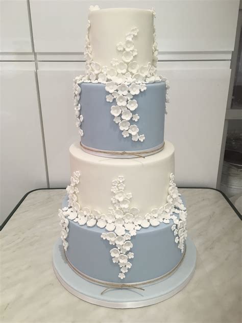 Pale Blue And White 4 Tier Blossom Flowers Wedding Sponge Cake Cake
