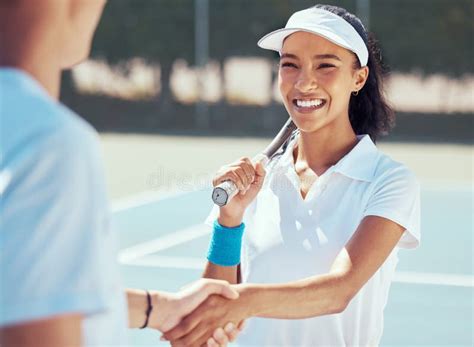 Tennis Handshake And Teamwork With A Player And Coach Shaking Hands On