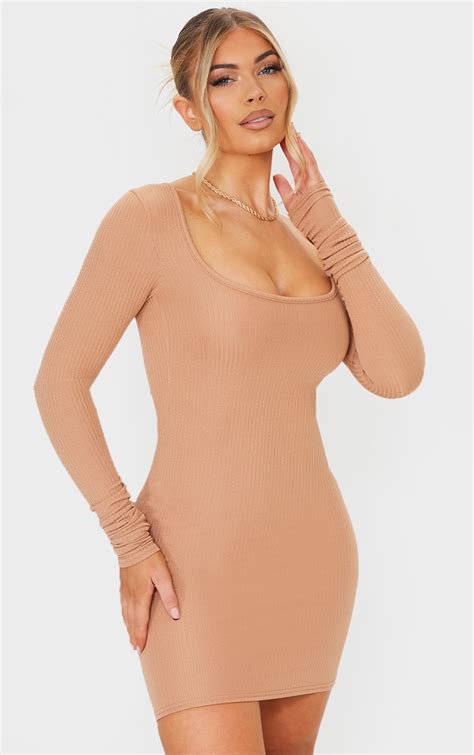Camel Ribbed Square Neck Ruched Bodycon Dress Prettylittlething Ie