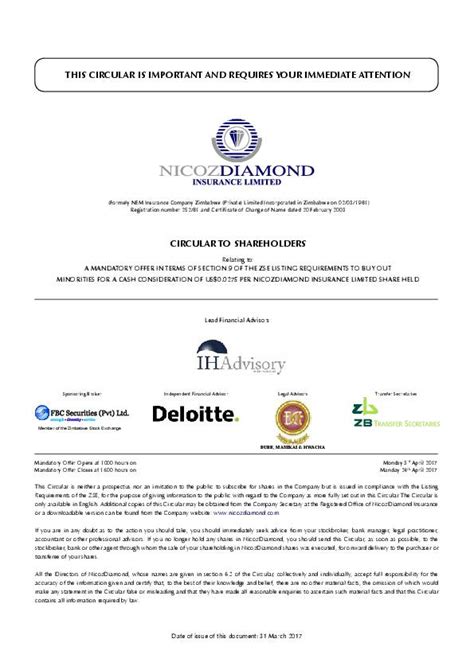 Nico insurance zambia limited address: NicozDiamond Insurance Limited (NICO.zw) 2017 Circular - AfricanFinancials