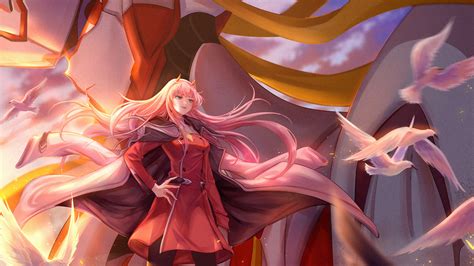 Darling In The Franxx Zero Two Hiro Zero Two With Red Dress And Long Pink Hair And Flying Birds