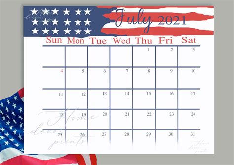 Patriotic July 2021 Calendar Printable Planner Page Journal Etsy