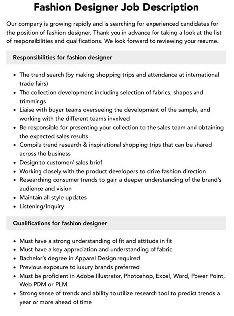 Fashion Designer Job Description Velvet Jobs