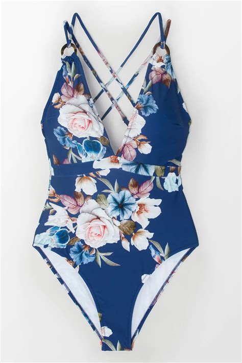 Blue Floral Strappy One Piece Swimsuit Bathing Suits One Piece