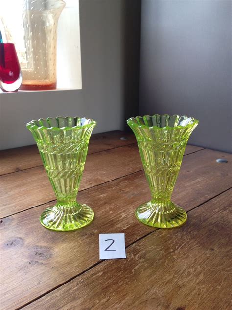 Pair Of Antique C1880 Henry Greener Green Uranium Vaseline Glass