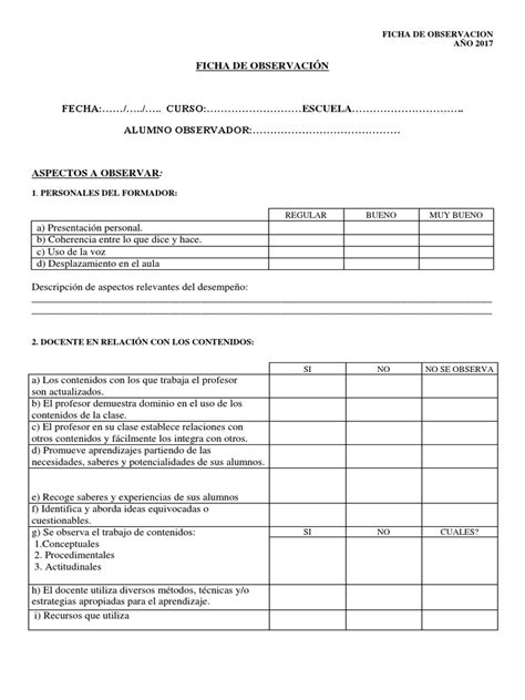 Ficha De ObservaciÓn 1pdf Salón De Clases Maestros