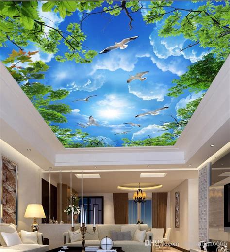 The design features a distressed metallic damask on a matte, textured background for a contemporary feel. Home Improvement Ceiling Murals Wallpaper Blue Sky White ...