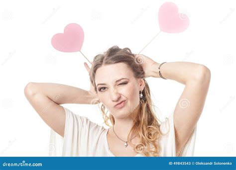 Girl Fun Posing With Two Hearts In Studio Stock Image Image Of Body