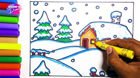 How To Draw Snow Season Learn To Draw And Color Winter Season Scenery