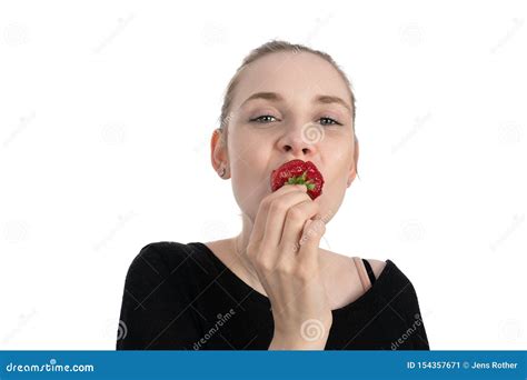 Young Woman Is Enjoying To Eat A Strawberry Stock Image Image Of Closeup Female 154357671