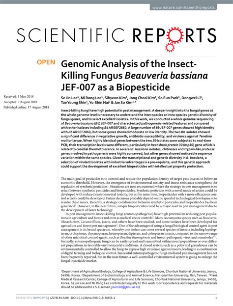 PDF Genomic Analysis Of The Insect Killing Fungus Beauveria Bassiana JEF As A Biopesticide