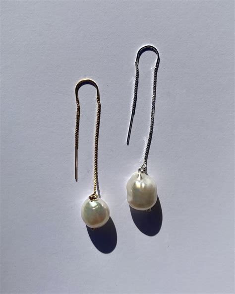 Pearl Threader Earrings Baroque Sterling Silver Or K Gold Etsy