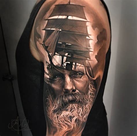 Sailing Ship And Bearded Sailor Best Tattoo Design Ideas