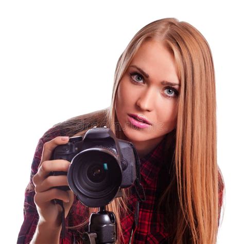 Glamour Female Photographer Taking Images Isolated On White Stock