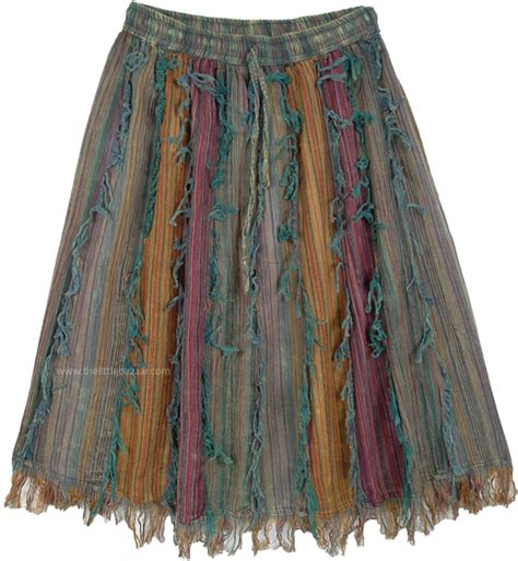 Multicolor Gypsy Knee Length Skirt With Fringed Patchwork Short