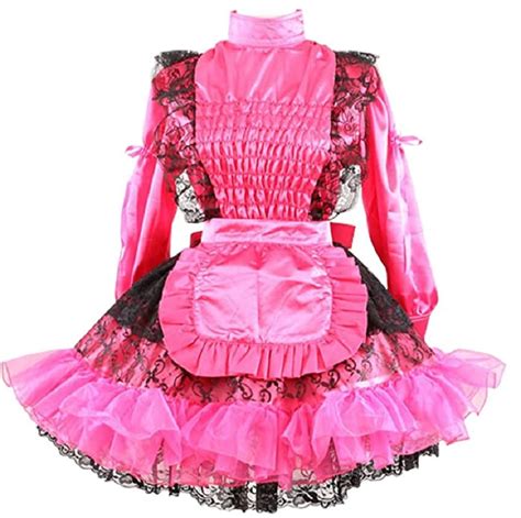 new lockable maid maid adult sissy pink satin long sleeve dress waist pleated lace cosplay