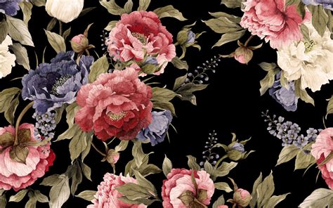 Download Wallpapers Retro Texture With Flowers Black Background With