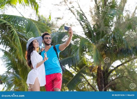 Couple Take Selfie Photo Tropical Beach Palm Trees Summer Vacation