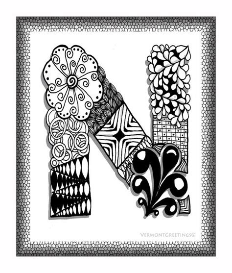 Zentangle N Monogram Alphabet Illustration Art Print By Vermont Greetings Doodle Art Letters